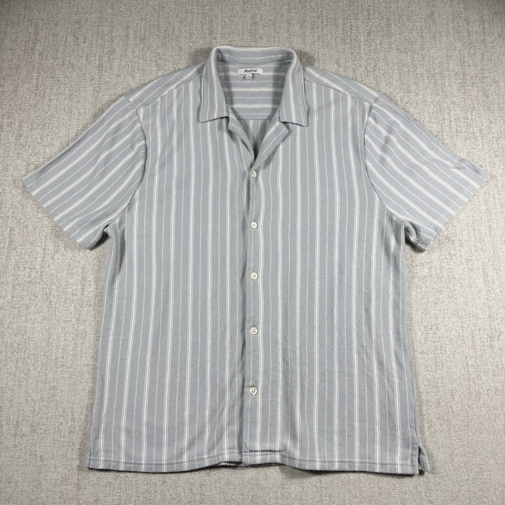 Madewell Men's L Blue White Striped Terry Cloth Camp Collar Button Up Shirt
